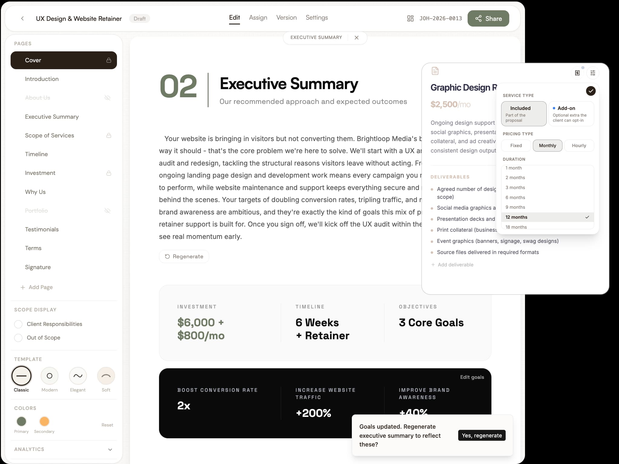 Propopad editor drafting an executive summary from saved service modules