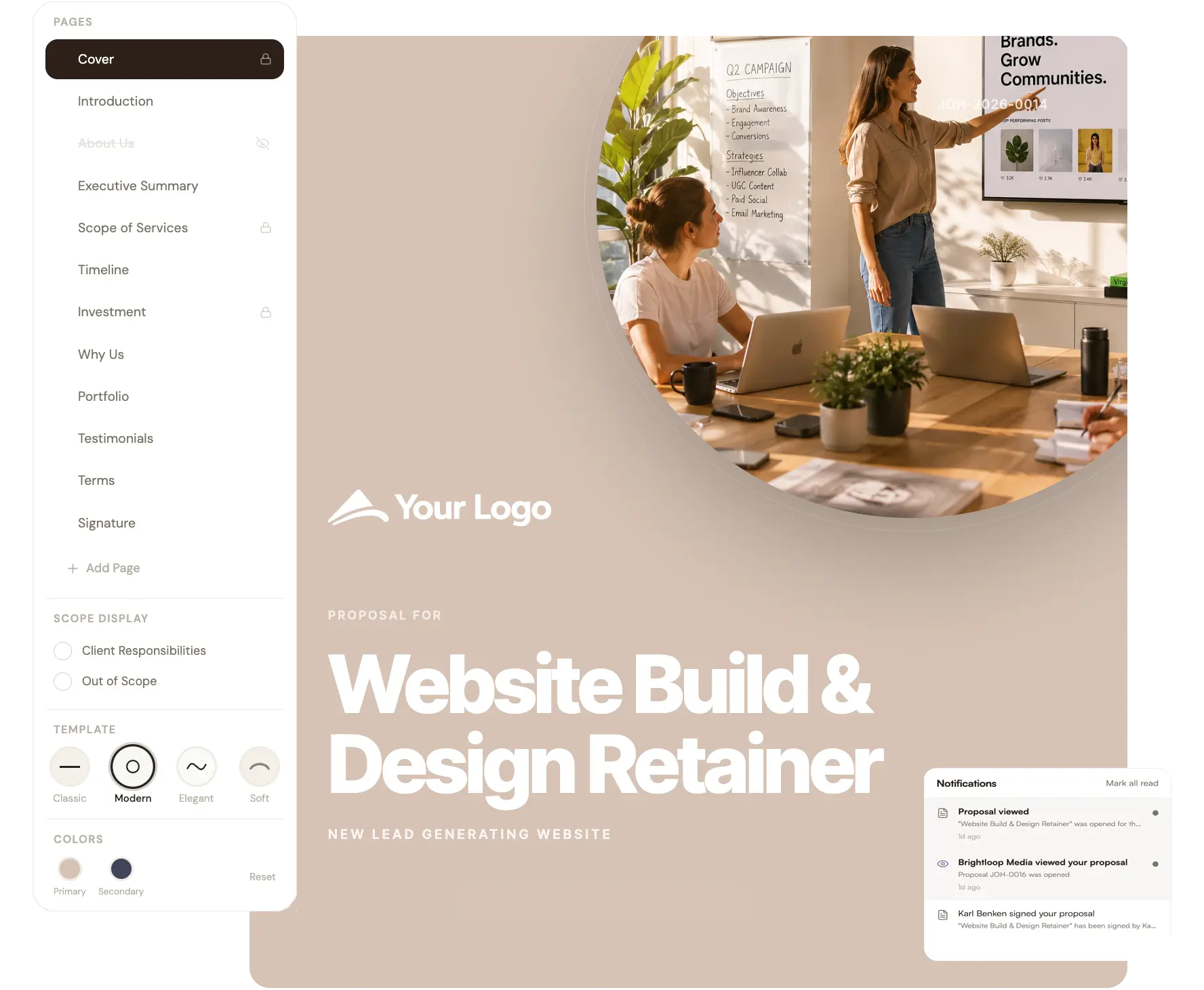 Online proposal software: editing a branded proposal cover page, with live notifications showing it was viewed and signed